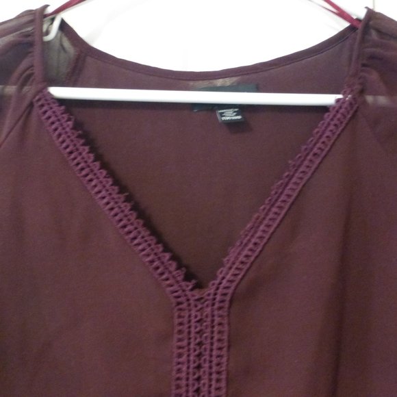 LE CHATEAU burgundy semi-sheer ruffle chiffon v-neck 3/4 sleeve blouse - Picture 2 of 9